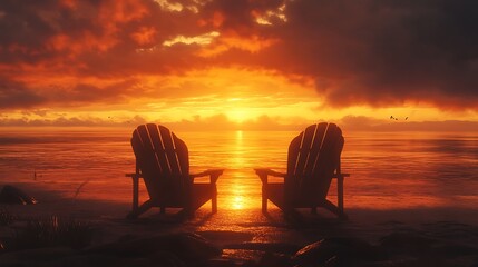 Obraz premium Lounge chairs sit on a sunset over the ocean.