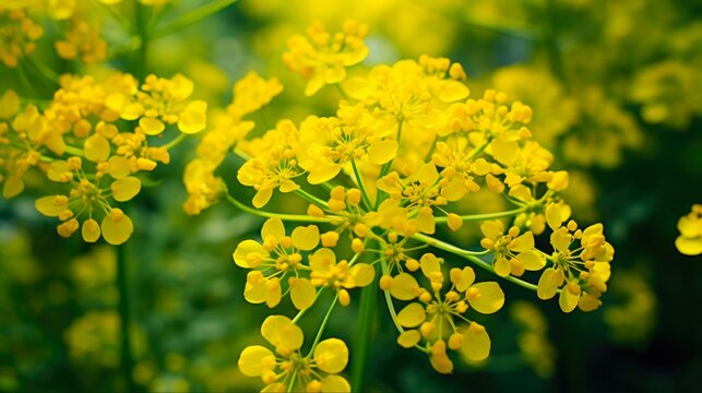 Vibrant Yellow Ferula Flower Field. Closeup of Lush Greenery and Macro Blossoms in Nature Garden Background for Summer or Spring
