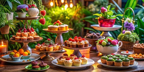 Fototapeta premium Low Light Dessert Table Photography: Cakes, Cupcakes & Fruit