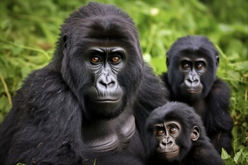 Obraz premium Virunga Family: Adorable Baby Gorilla with Mother and Father in Green Congo Jungle