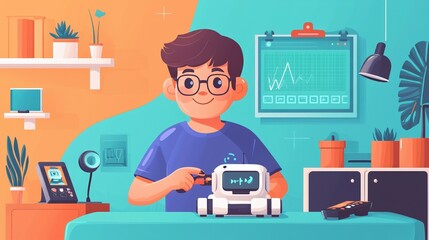 A young boy enthusiastically assembles a robot on a bright, colorful desk filled with tech gadgets and plants