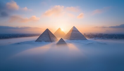 Majestic pyramids rise above a misty landscape at sunrise