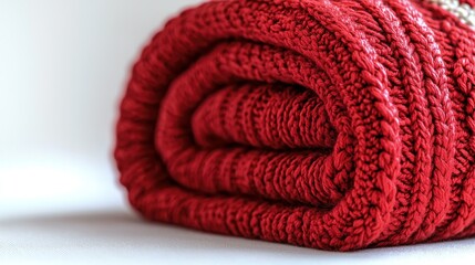 Rolled red knit blanket, cozy home interior, winter warmth, textile
