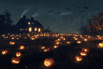 Obraz premium Spooky Halloween Night with Glowing Jack-o’-Lanterns, Full Moon, and Autumn Leaves in an Eerie Enchanted Forest Pathway