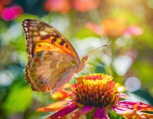 Obraz premium A close-up of a vibrant butterfly resting on a colorful flower in a sunlit garden, showcasing the beauty of nature.