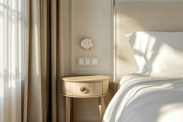 Nterior bedroom side table with a power socket closer view shot Emty table mockup . furniture,home interior