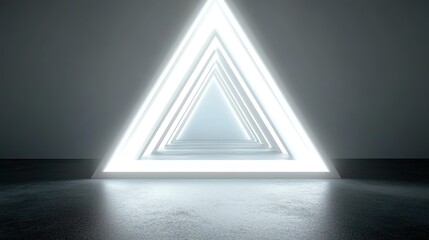 Obraz premium A white triangle in the center of an empty room with symmetrical lines and bright lighting, creating a futuristic minimalist background. 