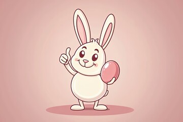Fototapeta premium Cute cartoon easter bunny with egg holding his thumbs up.