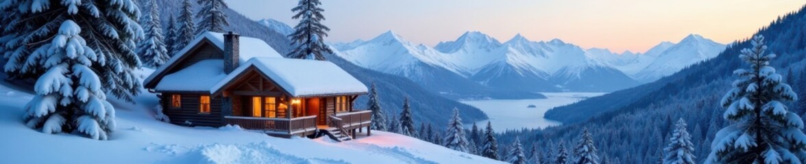 Cozy cabin surrounded by snow-covered trees and mountains, winter wonderland, forest