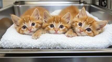 Three ginger kittens on a towel in a stainless steel sink