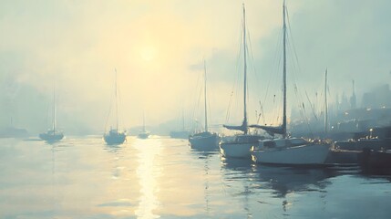 A painting of the harbor in colorful pastel colors, with small boats, oil on canvas
