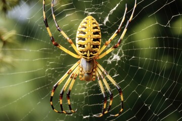 Obraz premium Yellow Garden Spider Hanging from Its Web in Macro View: A Beautiful Arachnid in Nature's Garden