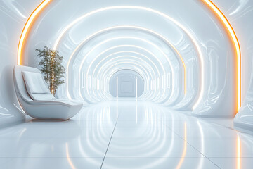 Obraz premium Modern white hallway with glowing lights and a comfortable chair in a futuristic setting