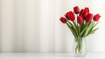 crystal-clear vase with fresh red tulips on pristine surface framed by soft natural light