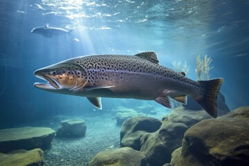 Fototapeta premium Young Salmon Swimming in Aquarium: Exploring the Underwater World of Fish in Natural Habitat