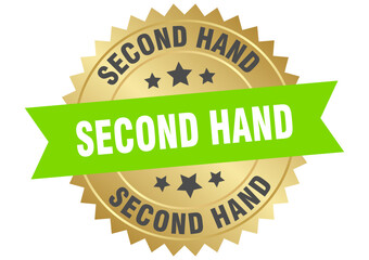 second hand. second hand round green and gold label isolated on transparent background