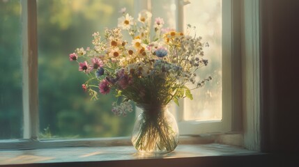 A bouquet of wildflowers in a clear glass vase sits on a windowsill, bathed in soft sunlight.