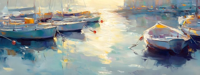 A painting of the harbor in colorful pastel colors, with small boats, oil on canvas
