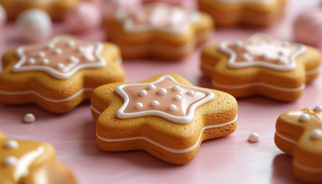 Star-shaped cookies with icing on pink surface, sprinkles blurred