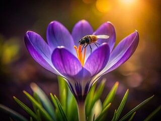 Fototapeta premium Low Light Violet Crocus with Fly - Delicate Spring Macro Photography
