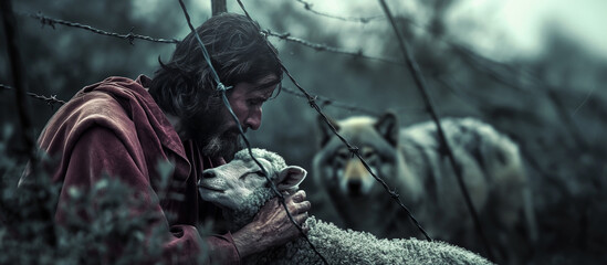 jesus takes care of the lost lamb that got caught in a barbed wire fence,. Background lurking wolves