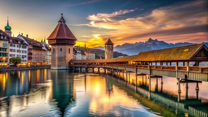 Fototapeta premium Lucerne Switzerland: Historic Chapel Bridge and Cityscape at Sunset