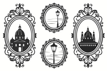 Obraz premium Vintage ornate mirror frames, black and white illustration, intricate baroque designs, antique decorative borders, Victorian style, elegant scrollwork, symmetrical patterns, detailed engraving, rococo
