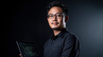 Fototapeta premium Portrait of Man Holding Tablet with Data Display, Dark Background