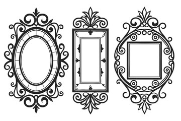 Vintage ornate mirror frames, black and white illustration, intricate baroque designs, antique decorative borders, Victorian style, elegant scrollwork, symmetrical patterns, detailed engraving, rococo