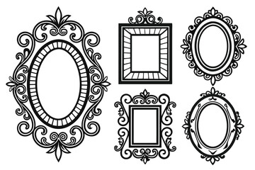 Vintage ornate mirror frames, black and white illustration, intricate baroque designs, antique decorative borders, Victorian style, elegant scrollwork, symmetrical patterns, detailed engraving, rococo