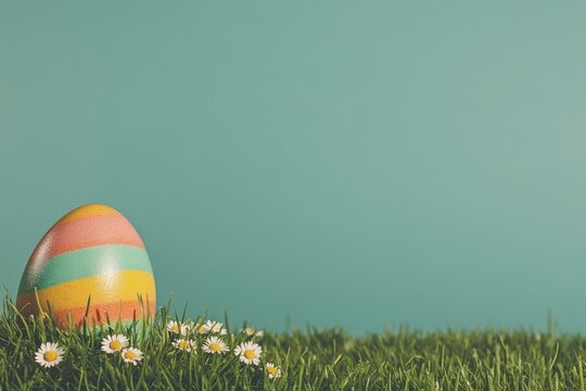 colorful easter egg nestled in fresh green grass with small daisies around it under bright blue sky