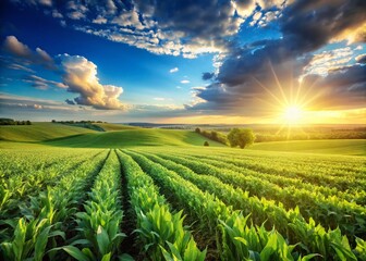 Lush Green Crop Field Under Clear Blue Sky - Agricultural Beauty Stock Photo
