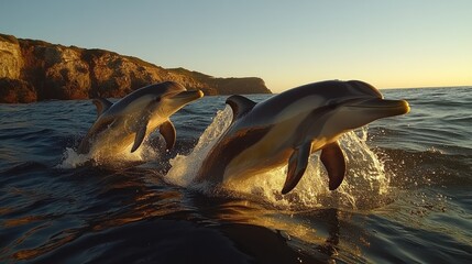 Two dolphins leaping in ocean at sunset, coastal cliffs in background