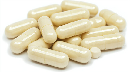 White medical capsules on clean white background. Suitable for pharmaceutical industry, healthcare products, or medical supplements.