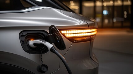 Highlighting the sleek tail light and charging cable of a white electric car in a contemporary showroom featuring luxurious design