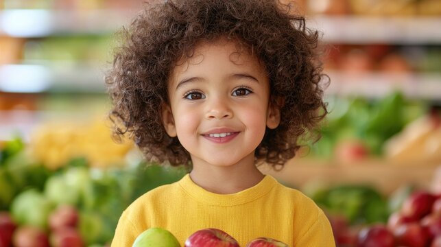 Happy toddler with curly brown hair smiles while holding red and green apples in a grocery store setting. Brightly lit image with a blurred background of various fruits and vegetables. - Powered by Adobe