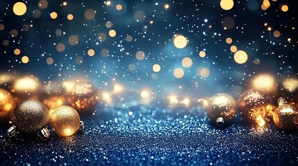 Obraz premium A dark blue background with golden lights and glitter, creating an enchanting atmosphere for the New Year's celebration.