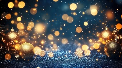 Obraz premium A dark blue background with golden lights and glitter, creating an enchanting atmosphere for the New Year's celebration.