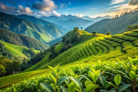 Lush Green Tea Plantation at Temi Tea Estate, Sikkim, India - High-Resolution Stock Photo