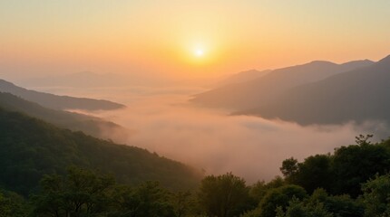 Golden Sunrise over Misty Green Valleys