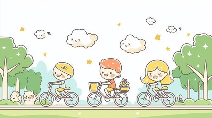 Obraz premium Family riding bicycles in park, joyful bonding, kawaii simple line