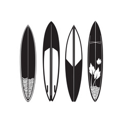 Surfboard silhouettes, surf culture aesthetic, beach lifestyle icon set, classic surfboard styles