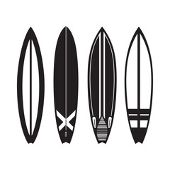 Surfboard silhouettes, surf culture aesthetic, beach lifestyle icon set, classic surfboard styles
