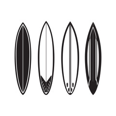 Surfboard silhouettes, surf culture aesthetic, beach lifestyle icon set, classic surfboard styles