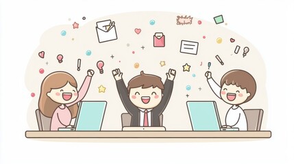 Kawaii business success, professionals celebrating after work on laptops,