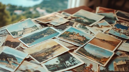A pile of old postcards with various pictures of landscapes.
