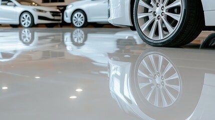 New tires are stacked in a contemporary garage with a sporty vehicle and ambient lights creating an atmospheric backdrop