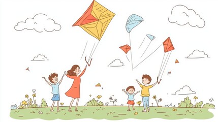 Naklejka premium Parents and children flying kites, fun outdoor activity, kawaii simple line