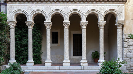 Naklejka premium Classical Roman colonnade with arches and columns. Perfect for architectural design, historical landmarks, or cultural heritage.