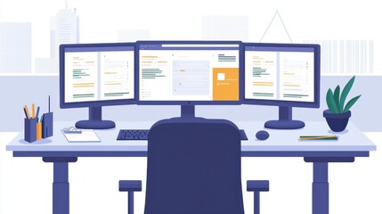 Stylish office desk, dual monitors and productivity tools,